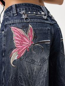 SHEIN X YERIMUA ROMWE Grunge Punk Spring Carnival Y2K Punk Style Butterfly Embroidered Vintage Distressed Loose Wide-Leg Jeans - Blue - View 2