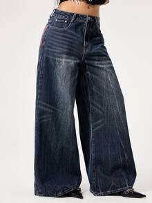 SHEIN X YERIMUA ROMWE Grunge Punk Spring Carnival Y2K Punk Style Butterfly Embroidered Vintage Distressed Loose Wide-Leg Jeans - Blue - View 5