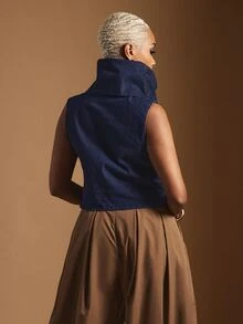 Vixey Funnel Neck Relaxed Fit Denim Top, Office Outfit, Summer/Spring - Dark Wash - View 5