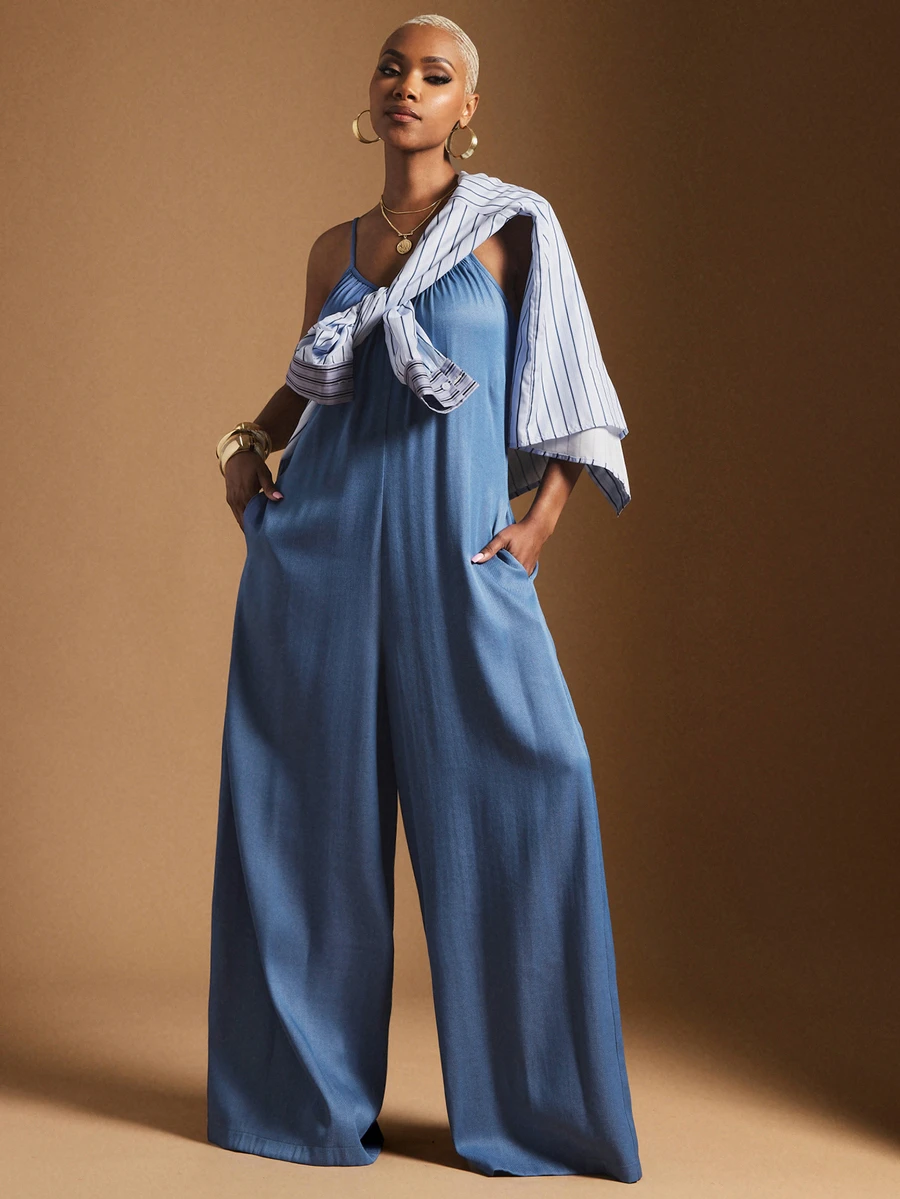 Vixey Mono de pernera ancha con tirantes ajustables de camisola en chambray, casual para uso diario y vacaciones, azul empolvado de verano - Celeste - Ver 1