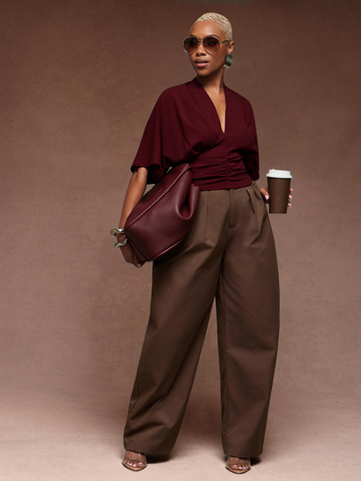 Vixey Drop Shoulder V Neck Quarter Sleeve Cinched Waist Top, Work Office Outfits, Summer/Fall