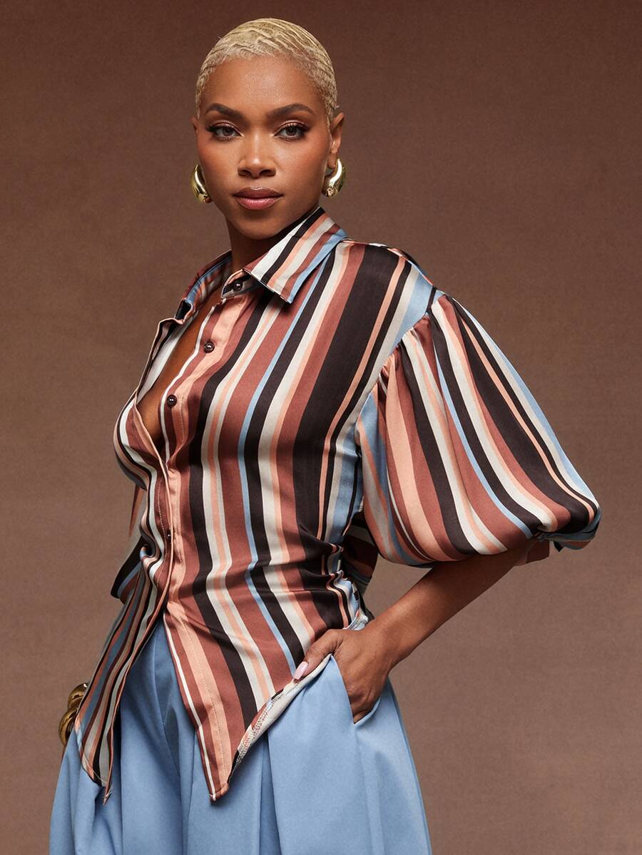 Vixey Stripe Self Tie Back Collared Button Up Long Sleeve Top, Work Office Outfits, Summer/Fall - Multicolor - View 1
