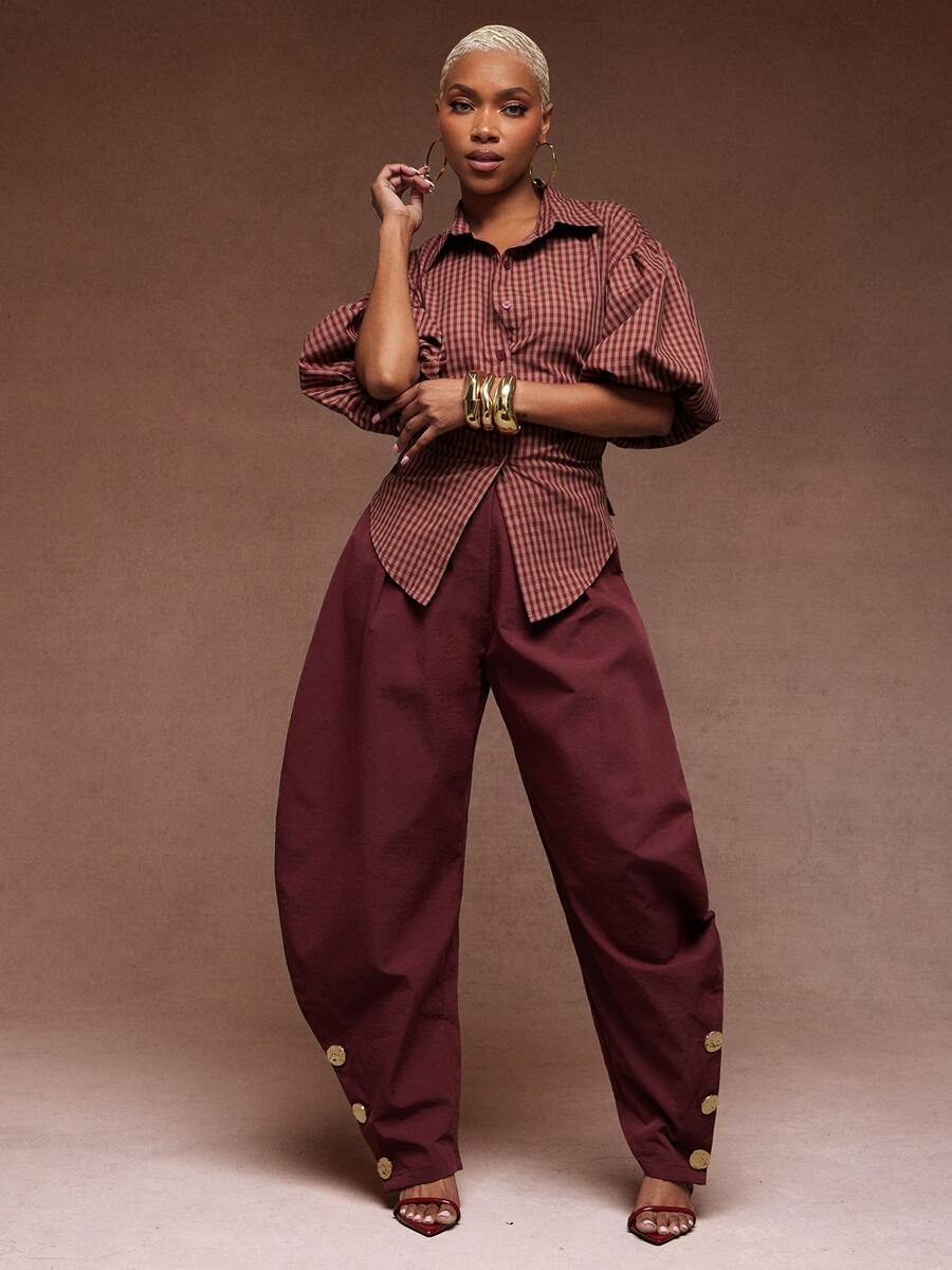 Vixey Self Tie Back Collared Button Up Long Sleeve Top - Burgundy - View 1