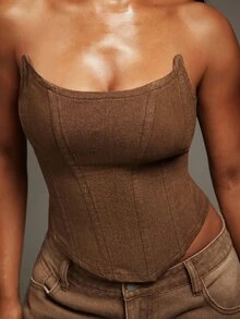 Denimoi Pointed Scoop Neck Denim Corset With Lace Up Back Sexy Tops Denim On Denim Fashionable Tops - Coffee Brown - View 3