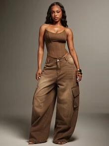 Denimoi Pointed Scoop Neck Denim Corset With Lace Up Back Sexy Tops Denim On Denim Fashionable Tops - Coffee Brown - View 5
