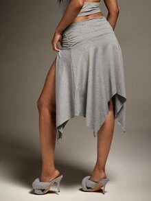 Denimoi Solid Split Thigh Hanky Hem Skirt - Grey - View 5