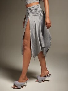 Denimoi Solid Split Thigh Hanky Hem Skirt - Grey - View 4