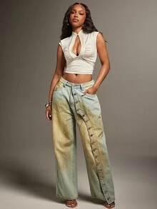 Denimoi Unique Wash Straight Leg Jeans Fashion Jeans Fashionable Streetwear Button Detail Jeans Denim - Medium Wash - View 3
