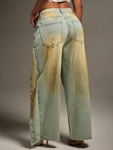 Denimoi Unique Wash Straight Leg Jeans Fashion Jeans Fashionable Streetwear Button Detail Jeans Denim - Medium Wash - View 6