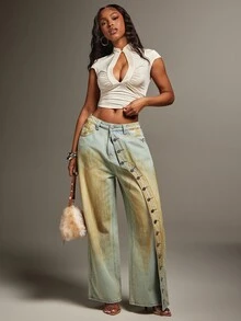 Denimoi Unique Wash Straight Leg Jeans Fashion Jeans Fashionable Streetwear Button Detail Jeans Denim - Medium Wash - View 2