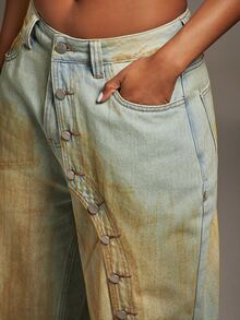 Denimoi Unique Wash Straight Leg Jeans Fashion Jeans Fashionable Streetwear Button Detail Jeans Denim - Medium Wash - View 4