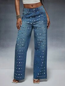 Denimoi Women's Pocket Button Fashion Versatile Daily Casual Denim Jeans - Medium Wash - View 2