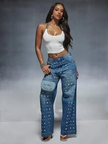 Denimoi Women's Pocket Button Fashion Versatile Daily Casual Denim Jeans - Medium Wash - View 6