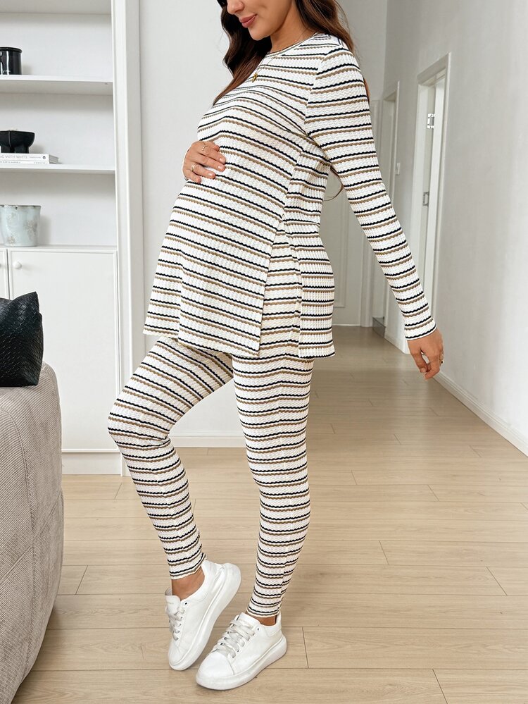 SHEIN Maternity Striped Side Slit Top And Pants 2 Pieces Set Fall Fall/Winter Casual - Apricot - View 5