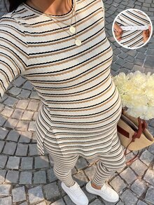 SHEIN Maternity Striped Side Slit Top And Pants 2 Pieces Set Fall Fall/Winter Casual - Apricot - View 2