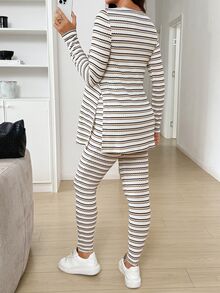SHEIN Maternity Striped Side Slit Top And Pants 2 Pieces Set Fall Fall/Winter Casual - Apricot - View 8