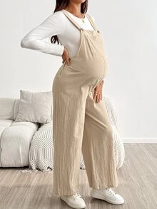 SHEIN Maternity Solid Color Button Design Pocket Casual Soft Form Decent Normal Overalls Gender Reveal Khaki Autumn Formal Homewear Office - Apricot - View 7
