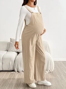 SHEIN Maternity Solid Color Button Design Pocket Casual Soft Form Decent Normal Overalls Gender Reveal Khaki Autumn Formal Homewear Office - Apricot - View 10