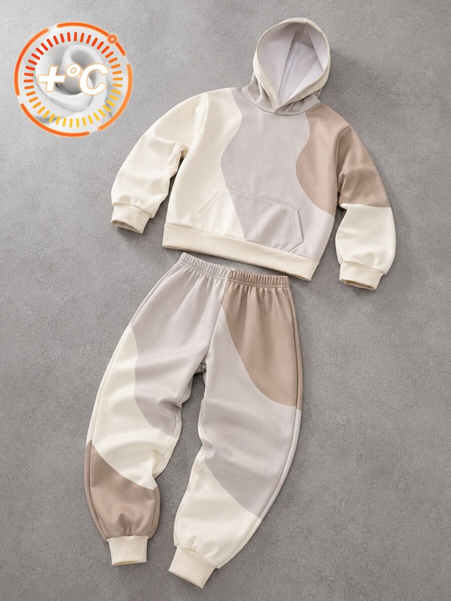 SHEIN 男童秋冬新款兩件套，幾何拼色連帽衛衣，黑白拼接設計，運動休閒保守款慢跑長褲