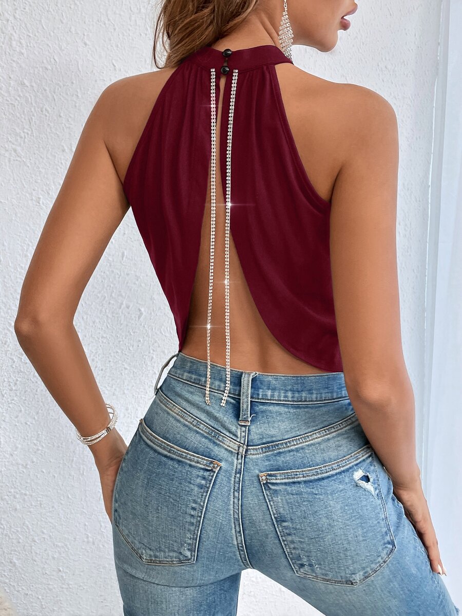 Glamine Summer Sexy Rhinestone Chain Decor Backless Halter Top - Burgundy - View 1