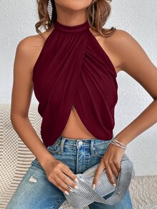 Glamine Summer Sexy Rhinestone Chain Decor Backless Halter Top - Burgundy - View 2