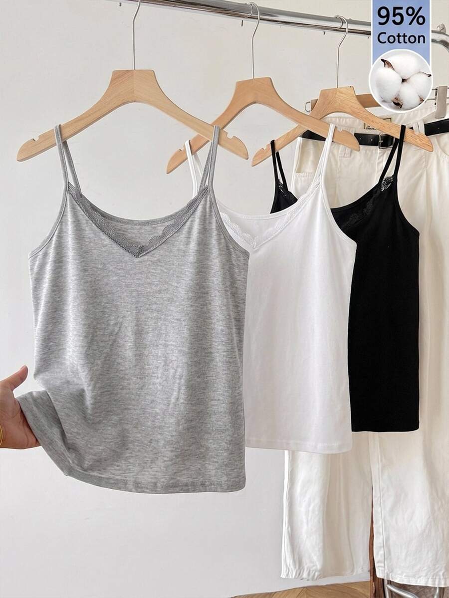 Tseoso 3pcs Black White Light Gray Camisole Tank Tops With Lace Decoration, Suitable For Spring And Summer - Multicolor - View 1
