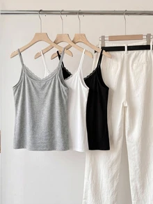 Tseoso 3pcs Black White Light Gray Camisole Tank Tops With Lace Decoration, Suitable For Spring And Summer - Multicolor - View 2