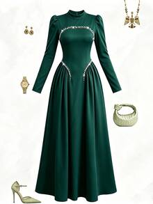 Modelyn Elegant Long Dark Green Beaded Dress For Women, Suitable For Outings In Autumn Wedding Graduation College Formal - Green - View 3
