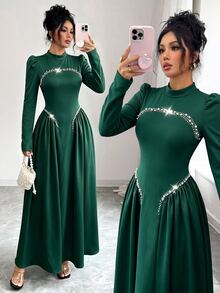 Modelyn Elegant Long Dark Green Beaded Dress For Women, Suitable For Outings In Autumn Wedding Graduation College Formal - Green - View 1