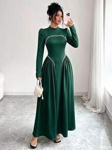 Modelyn Elegant Long Dark Green Beaded Dress For Women, Suitable For Outings In Autumn Wedding Graduation College Formal - Green - View 7