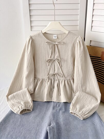 SHEIN Teen Girl Fitted Casual Minimalist Comfortable Apricot Crew Neck Long Sleeve Bow Tie Tie-Up Textured Blouse