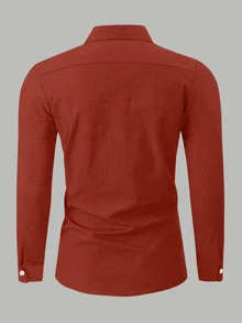 Manfinity Mode Men's Solid Color Button-Down Long Sleeve Shirt, Fall Holiday - Red - View 2