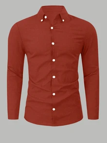 Manfinity Mode Men's Solid Color Button-Down Long Sleeve Shirt, Fall Holiday - Red - View 3