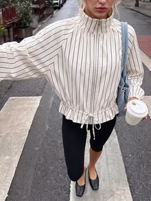 Struktiv 新款女款杏色條紋印花雙拉鍊抽繩繫帶長袖休閒夾克 - 杏色 - 查看 5