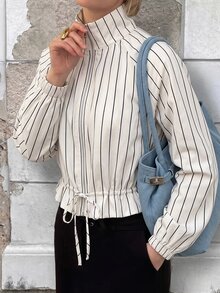 Struktiv 新款女款杏色條紋印花雙拉鍊抽繩繫帶長袖休閒夾克 - 杏色 - 查看 8