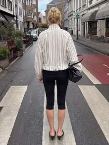Struktiv 新款女款杏色條紋印花雙拉鍊抽繩繫帶長袖休閒夾克 - 杏色 - 查看 2