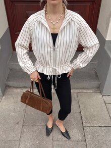 Struktiv 新款女款杏色條紋印花雙拉鍊抽繩繫帶長袖休閒夾克 - 杏色 - 查看 4