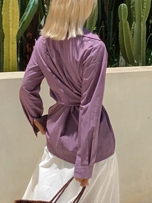 DAZY 女款素色側腰打結長袖單排扣襯衫 - 紫色 - 查看 2
