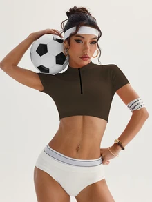 Easithlete Easithlete 女款深棕色立領短版瑜伽運動T恤，夏季運動休閒健身服，純色百搭休閒運動短袖上衣 - 棕色 - 查看 5