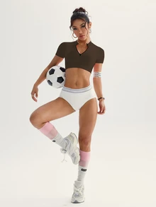 Easithlete Easithlete 女款深棕色立領短版瑜伽運動T恤，夏季運動休閒健身服，純色百搭休閒運動短袖上衣 - 棕色 - 查看 4