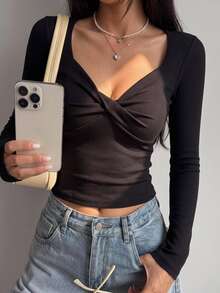 DAZY Women's V-Neck Twist Knot Short Sleeve Fitted Cropped T-Shirt Long Sleeve - Black - View 5