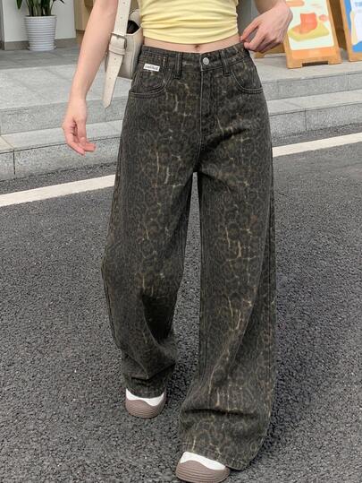 DAZY Women's Leopard Print Wide Leg Loose Casual Jeans With Pockets Y2k