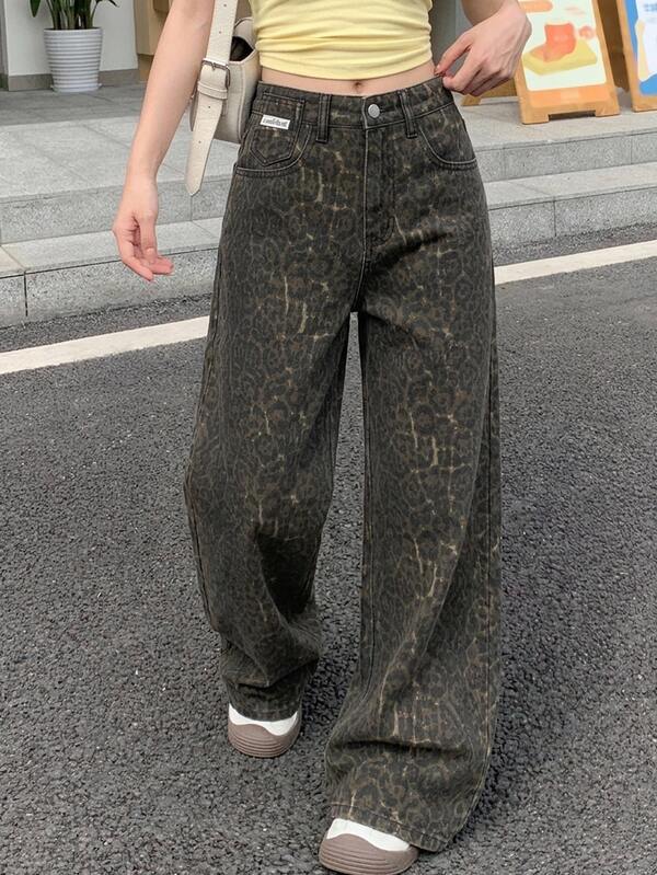 DAZY Women's Leopard Print Wide Leg Loose Casual Jeans With Pockets Y2k
