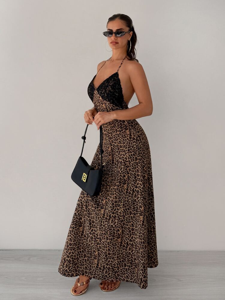 Sirith Gaun Wanita Seksi Motif Leopard dengan Patchwork Renda, Leher Halter, Tali Ikat, Cocok untuk Pesta, Kencan Malam, Musim Panas, Warna Cokelat - MultiWarna - View 7