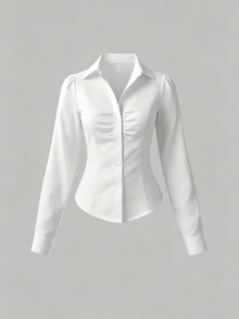 SHEIN Unity Women's Solid Color Bubble Puff Long Sleeve Shirt With Pleats,Long Sleeve Tops Fall Cloth For Women - White - View 3