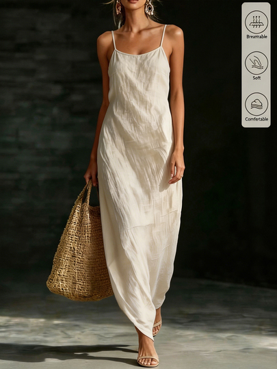 SHEIN Women's Beige Summer Effortless Chic Vacation Holiday Linen Style Spaghetti Strap Dress,Loose Straight Crinkle Texture Fabric Midi Dress,Casual