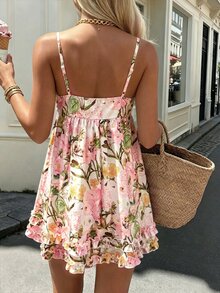 Cévolie Women's Romantic Tropical White Floral Sleeveless Mini Dress Frill Trim, Beach Picnic Brunch Vacation Party, Spring/Summer Spaghetti Strap - Baby Pink - View 2