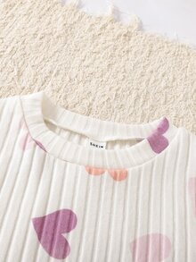 Tween Girl Simple Elegant Heart Print Fuzzy Ribbed Crew Neck Long Sleeve Pants Casual Comfortable Loungewear 2 Pieces Set - Purple - View 4