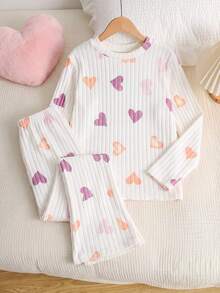 Tween Girl Simple Elegant Heart Print Fuzzy Ribbed Crew Neck Long Sleeve Pants Casual Comfortable Loungewear 2 Pieces Set - Purple - View 3