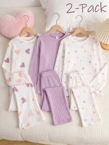 Tween Girl Simple Elegant Heart Print Fuzzy Ribbed Crew Neck Long Sleeve Pants Casual Comfortable Loungewear 2 Pieces Set - Purple - View 1